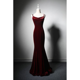 Niulatu Burgundy Spaghetti Straps Velvet Mermaid Prom Dress Evening Dress HZ0113