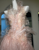 Niulatu Pink Tulle Beaded Prom Dress Long Backless Evening Dress HZ1007