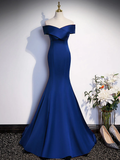 Niulatu Blue Mermaid Satin Long Prom Dress Off Shoulder Blue Evening Dress HZ1007