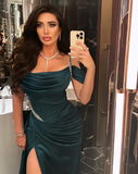 Niulatu Dark Green Satin Mermaid Prom Dresses 2025 Spaghetti Straps Pleats Seep Train Formal Evening Occasion Pageant Gowns HZ0113