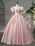 Niulatu Pink Scoop Neck Satin Floor Length Prom Dress A-Line Short Sleeve Evening Dress with Bow HZ1007