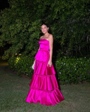 Niulatu Strapless Satin Tiered Party Prom Dress Hot Pink Satin A Line Evening Gown HZ1007