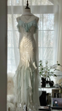 Niulatu Mint Green Temperament Mermaid Spaghetti Strap Chiffon Beaded Evening Dress Formal Prom Dress HZ1007