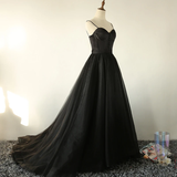 Niulatu Black Straps Tulle Sweetheart Prom Dress, Black Party Dress HZ0113