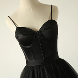 Niulatu Black Straps Tulle Sweetheart Prom Dress, Black Party Dress HZ0113