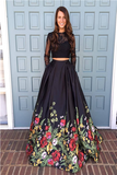 Niulatu line Two Piece Black Long Sleeve Prom Dress With Floral Print Skirt Evening Dresses HZ0113