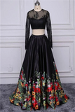 Niulatu line Two Piece Black Long Sleeve Prom Dress With Floral Print Skirt Evening Dresses HZ0113