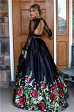 Niulatu line Two Piece Black Long Sleeve Prom Dress With Floral Print Skirt Evening Dresses HZ0113