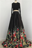 Niulatu line Two Piece Black Long Sleeve Prom Dress With Floral Print Skirt Evening Dresses HZ0113