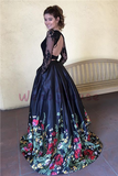 Niulatu line Two Piece Black Long Sleeve Prom Dress With Floral Print Skirt Evening Dresses HZ0113