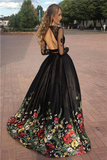 Niulatu line Two Piece Black Long Sleeve Prom Dress With Floral Print Skirt Evening Dresses HZ0113