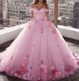 Niulatu Shoulder Tulle Ball Gown Wedding Dresses Floral Flowers Beaded HZ0113