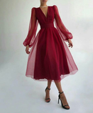 Niulatu Puffy Long Sleeve Burgundy Tea Length Long Prom Dress/Evening Gown HZ0113