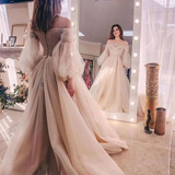 Niulatu prom dresses long sleeve a line tulle off the shoulder crystal evening dresses HZ0113