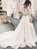 Niulatu white long sleeves women dresses v-neck applique full length fashion dresses party dresses tulle lace wedding HZ0113