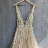 Niulatu V-neck Floral Long Prom Dress, Evening Dress HZ0113