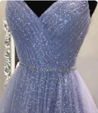 Niulatu tulle sequin long prom dress purple formal dress HZ0113