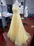 Niulatu Hot Yellow tulle lace long prom dress party HZ0113