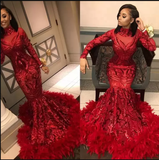 Niulatu Sparkly Red Mermaid Evening Dresses Sequined with Feathers Long Sleeve African Black Girl Prom Dresses Formal Party Gown HZ0113