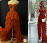 Niulatu Rust Tiered Ruffles Tulle Prom Dress HZ0113