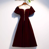 Niulatu A line Short Sleeves Velvet Red Bridesmaid Dress HZ1110