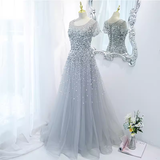Niulatu A line Scoop Tulle Beads Long Gray Prom Dresses HZ1110