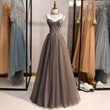 Niulatu A line Spaghetti Straps Tulle Beads Long Prom Dresses HZ1110
