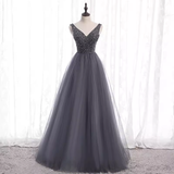 Niulatu A Line Gray Tulle Long Prom Dresses With Beads HZ1110