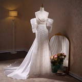 Niulatu Mermaid Sweetheart Tulle Sequin White Wedding Dresses With Removable Bownot HZ1110