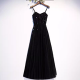 Niulatu A line StrapsTulle Beads Long Black Prom Dresses HZ1110