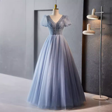 Niulatu A Line Blue Tulle Long Prom Dresses With Beads HZ1110