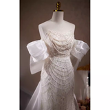 Niulatu Mermaid Sweetheart Tulle Sequin White Wedding Dresses With Removable Bownot HZ1110