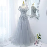 Niulatu A line Scoop Tulle Beads Long Gray Prom Dresses HZ1110
