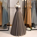 Niulatu A line Spaghetti Straps Tulle Beads Long Prom Dresses HZ1110