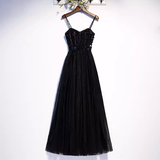 Niulatu A line StrapsTulle Beads Long Black Prom Dresses HZ1110
