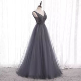 Niulatu A Line Gray Tulle Long Prom Dresses With Beads HZ1110