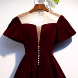 Niulatu A line Short Sleeves Velvet Red Bridesmaid Dress HZ1110