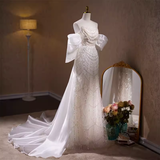 Niulatu Mermaid Sweetheart Tulle Sequin White Wedding Dresses With Removable Bownot HZ1110