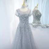 Niulatu A line Scoop Tulle Beads Long Gray Prom Dresses HZ1110