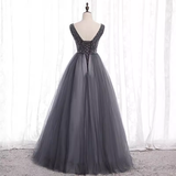 Niulatu A Line Gray Tulle Long Prom Dresses With Beads HZ1110