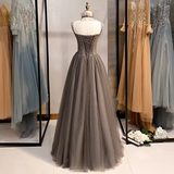 Niulatu A line Spaghetti Straps Tulle Beads Long Prom Dresses HZ1110