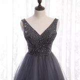 Niulatu A Line Gray Tulle Long Prom Dresses With Beads HZ1110