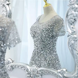 Niulatu A line Scoop Tulle Beads Long Gray Prom Dresses HZ1110