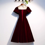 Niulatu A line Short Sleeves Velvet Red Bridesmaid Dress HZ1110
