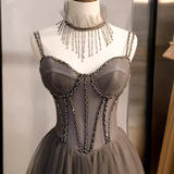 Niulatu A line Spaghetti Straps Tulle Beads Long Prom Dresses HZ1110