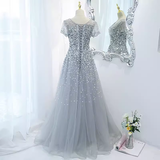Niulatu A line Scoop Tulle Beads Long Gray Prom Dresses HZ1110