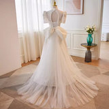Niulatu A line High Neckline Lace White Wedding Dresses With Bownot HZ1110