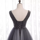 Niulatu A Line Gray Tulle Long Prom Dresses With Beads HZ1110