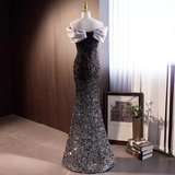 Niulatu Mermaid Off The Shoulder Sequin Black Long Prom Dresses HZ1110
