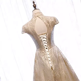 Niulatu A line High Neckline Sequin Gold Long Prom Dresses HZ1110